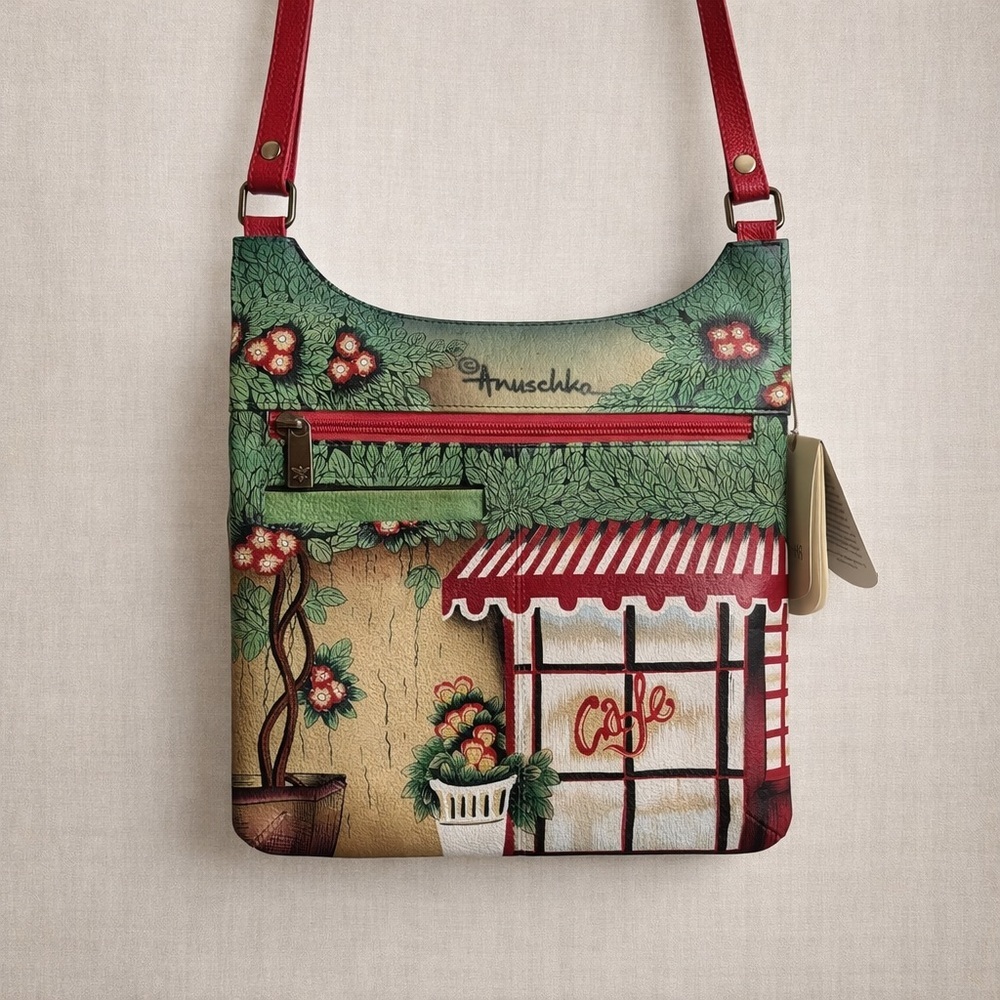 ANUSCHKA Leather Crossbody Bag Hand Painted Cafe Floral Adjustable